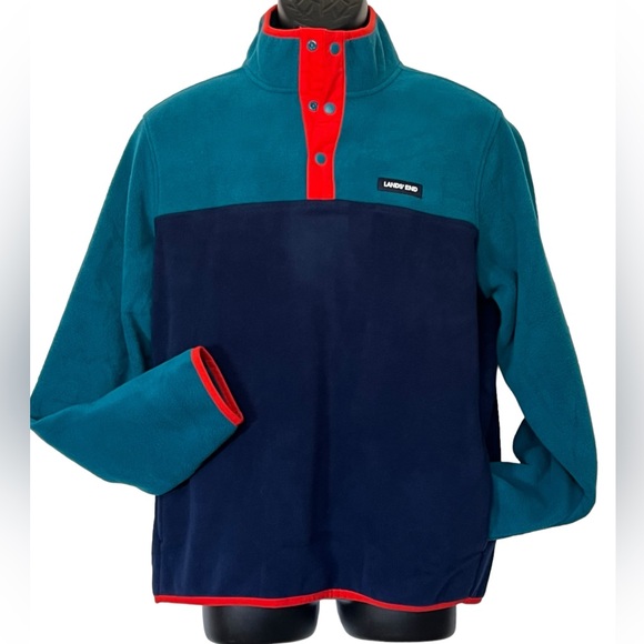 LANDS' End Fleece 1/4 Snap Pullover Men Medium 38-40 Colorblock Turquoise Navy - Picture 1 of 10